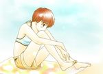  aimigogo barefoot beach_towel blush casual feet izumi_noa kidou_keisatsu_patlabor legs midriff profile red_hair short_hair shorts sitting smile soles solo swimsuit toenails toes towel 