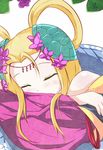  animal bare_shoulders blonde_hair blush flower food fruit grapes hair_flower hair_ornament hair_strand leaf long_hair long_sleeves meimei_(p&amp;d) off_shoulder puzzle_&amp;_dragons scales simple_background sleeping snake solo turtle_shell white_background zuo_wei_er 