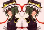  74_(teduka) bad_id bad_pixiv_id clone face frills green_hair hat lips purple_eyes shiki_eiki short_hair symmetry touhou upper_body 