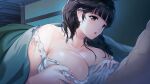 1boy 1girl alternate_hairstyle bare_shoulders breasts brown_eyes brown_hair cleavage game_cg haha_ranman imminent_paizuri jewelry large_breasts long_hair min-naraken nervous official_art open_mouth ring under_covers wakura_mayuko wedding_ring 