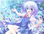  blue_eyes blue_hair bow cirno dress hair_bow ice open_mouth ribbon runako short_hair smile solo touhou wings 