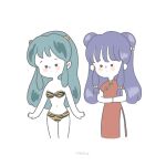  animal_print bell china_dress chinese_clothes commentary_request double_bun dress hair_bell hair_bun hair_ornament highres horns lum msmartiiina purple_hair ranma_1/2 shampoo_(ranma_1/2) sidelocks strapless tiger_print urusei_yatsura 