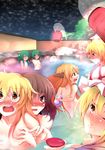  alcohol blonde_hair blush breast_grab breasts cup grabbing hakurei_reimu horn horns hoshiguma_yuugi ibuki_suika kazami_yuuka kirisame_marisa kochiya_sanae lantern madara_hio medium_breasts multiple_girls nude onsen sakazuki sake small_breasts touhou yakumo_yukari yuri 