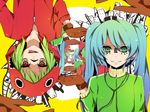  aqua_hair bad_id bad_pixiv_id gloves green_hair gumi hatsune_miku headphones hood hoodie long_hair matryoshka_(vocaloid) multicolored multicolored_eyes multiple_girls shain_roki smile tongue vocaloid 