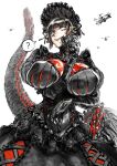  1girl ? aircraft arm_between_breasts arm_under_breasts attack_helicopter between_breasts bioluminescence black_bonnet black_corset black_dress black_hair blunt_bangs blunt_ends bonnet bow breasts cleavage_cutout clothing_cutout commentary_request corset covered_nipples dress earrings elbow_gloves frilled_bonnet frills giant giantess gloves glowing godzilla godzilla_(series) godzilla_(shin) gothic_lolita grey_eyes hand_on_own_face helicopter high_collar highres jewelry juliet_sleeves kaiju large_breasts lolita_fashion long_sleeves military_vehicle mn90047517 personification puffy_sleeves sharp_teeth shin_godzilla short_hair signature smile solo spoken_question_mark standing tail teeth upper_body very_long_tail white_background 