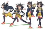  1girl ahoge animal_ears arm_up ball baseball baseball_(object) baseball_mitt belt black_hair black_jacket blush breasts clenched_teeth commentary_request ear_ribbon from_side hair_between_eyes highres holding holding_ball horse_ears horse_girl horse_tail jacket kitasan_black_(umamusume) light_blush multicolored_hair multiple_views nishiki_kazue open_clothes open_jacket open_mouth pitching red_eyes revision shirt short_hair shorts sportswear standing streaked_hair tail teeth throwing umamusume white_background white_hair white_shirt yellow_shorts 