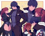  >_< 1boy 1girl @_@ absurdres amamiya_ren black_choker black_coat black_gloves black_hair black_leotard black_thighhighs blush breasts choker cleavage coat commentary_request gloves hair_ribbon hand_in_pocket hetero highres joker_(persona_5) kabedon korean_commentary korean_text leotard medium_breasts nervous_sweating on_(isk1812) pectorals persona persona_5 ponytail red_eyes red_hair ribbon sleeves_past_wrists sparkle sparkling_aura squiggle sweat thighhighs translation_request violet_(persona_5) yoshizawa_kasumi 