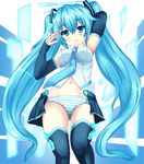  blue_eyes blue_hair detached_sleeves hatsune_miku highres hinata_sora long_hair navel necktie panties skirt solo striped striped_panties thighhighs twintails underwear very_long_hair vocaloid 