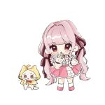  1210_neno 1girl :o ahoge ankle_socks bare_shoulders blunt_bangs blush_stickers bow bow_choker bowtie bra_strap brown_bow brown_eyes brown_ribbon center_frills chibi choker cloak commentary_request ear_covers eyelashes frilled_skirt frilled_sleeves frills hair_bow hair_intakes hair_ribbon hand_on_own_chin hand_on_own_hip highres hood hood_up hooded_cloak infinity_nikki layered_skirt light_blush long_hair long_sleeves low_twintails momo_(nikki) navel nikki_(nikki) nikki_(series) off-shoulder_shirt off_shoulder open_mouth perfect_start_(infinity_nikki) pink_bow pink_choker pink_hair pink_shoes pink_skirt pleated_skirt puffy_long_sleeves puffy_sleeves red_bow red_bowtie ribbon see-through_clothes see-through_sleeves shirt shoes simple_background skirt sleeves_past_wrists socks surprised tareme traditional_bowtie tress_ribbon triangle_mouth twintails very_long_hair wavy_hair whiskers white_background white_shirt white_skirt white_socks yellow_cloak 
