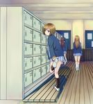  brown_eyes brown_hair extra iiru k-on! kinoshita_shizuka legs locker multiple_girls putting_on_shoes satou_akane school_uniform shoes short_hair tachibana_himeko taki_eri uwabaki 