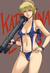  bare_shoulders blonde_hair breasts brown_eyes covered_nipples earrings gundam gus_(clarkii) hairband hand_on_hip holster jewelry katejina_loos medium_breasts navel no_bra o-ring o-ring_bottom o-ring_top rocket_launcher shoulder_holster slingshot_swimsuit solo swimsuit victory_gundam weapon 
