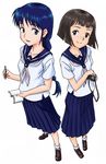  blue_eyes blue_hair braid brown_hair camera character_request freckles kaimuu_(fahrenheit724) long_hair multiple_girls notebook owari_noriko pencil school_uniform serafuku short_hair single_braid smile taishou_yakyuu_musume 