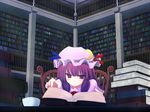 artist_request blush book bookshelf chair crescent cup hat library patchouli_knowledge purple_eyes purple_hair reading solo touhou voile 