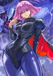  1girl breasts cape closed_mouth commentary cowboy_shot dated english_commentary gundam gundam_zz haman_karn highres juliet_sleeves long_sleeves looking_at_viewer mecha medium_breasts mobile_suit neo_zeon okrdisk2000 pantyhose pink_hair puffy_sleeves purple_eyes qubeley robot science_fiction short_hair signature simple_background solo zeta_gundam 