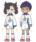  1boy 1girl :< black_hair blush_stickers chibi chibi_only closed_eyes closed_mouth collared_shirt commentary_request earrings grin gym_challenge_uniform hair_ribbon highres hop_(pokemon) jewelry jitome light_blush long_sleeves marnie_(pokemon) medium_hair pokemoa pokemon pokemon_swsh print_shirt red_ribbon red_shoes ribbon shirt shoes short_hair shorts simple_background sleeves_past_wrists smile socks sparkle standing teeth white_background white_shirt white_shorts white_socks 