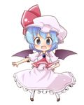  bat_wings blue_eyes blue_hair blush brooch chibi dress hand_on_hip hat hat_ribbon jewelry neckerchief pink_dress remilia_scarlet ribbon shoes short_hair socks solo standing tobi_(nekomata_homara) touhou wings 