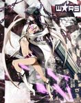 alternate_color alternate_hair_color arm_cannon belt bikini_top black_rock_shooter boots burning_eye chain checkered checkered_background coat glowing glowing_eyes highres huge_weapon koukou64 legs long_hair midriff navel purple_eyes scar shorts solo twintails very_long_hair weapon white_hair white_rock_shooter 