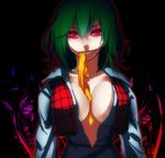 ascot_removed bad_id bad_pixiv_id breasts center_opening cleavage glowing glowing_eyes green_hair hebino_rai kazami_yuuka large_breasts mouth_hold naughty_face no_bra open_clothes open_shirt plaid plaid_vest red_eyes shirt short_hair solo touhou vest 
