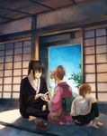  2boys bad_id bad_pixiv_id bandages barefoot black_hair brown_hair gintama highres hijikata_toushirou indian_style japanese_clothes kimono mg_(mica) multiple_boys okita_mitsuba okita_sougo ponytail profile seiza sitting 