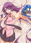  bakemonogatari blue_eyes collarbone foreshortening long_hair monogatari_(series) nana_g necktie open_mouth pen purple_hair school_uniform senjougahara_hitagi sleeves_rolled_up solo stapler 