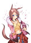  1girl animal_ears arczumi asymmetrical_clothes asymmetrical_pants blue_eyes blush breasts brown_hair closed_mouth clothes_around_waist collarbone commentary_request denim fur-trimmed_jacket fur_trim hair_between_eyes highres horse_ears horse_girl horse_tail horseshoe jacket jacket_around_waist jeans long_sleeves looking_at_viewer midriff narita_taishin_(nevertheless)_(umamusume) narita_taishin_(umamusume) navel pants pink_jacket shirt short_hair single_pantsleg small_breasts solo tail tank_top tied_shirt torn_clothes torn_jeans torn_pants umamusume yellow_shirt yellow_tank_top 
