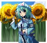  :o bad_id bad_pixiv_id cosplay ebiebiebio flower green_hair hat holding holding_flower japanese_clothes kazami_yuuka orange_eyes saigyouji_yuyuko saigyouji_yuyuko_(cosplay) short_hair solo sunflower texture touhou yellow_eyes 