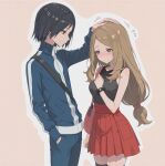  1boy 1girl absurdres ai-generated bag black_hair black_shirt blonde_hair blue_jacket blue_pants blush breasts calem_(pokemon) closed_mouth collared_shirt commentary_request embarrassed flying_sweatdrops grey_eyes hand_in_pocket hand_on_own_chest headpat height_difference high-waist_skirt highres jacket long_hair long_sleeves looking_at_another looking_down low-tied_long_hair medium_breasts mega_ring motion_lines nasakixoc nose_blush outline pants pink_bag pleated_skirt pokemon pokemon_xy profile red_skirt serena_(pokemon) shirt short_hair shoulder_bag simple_background skirt sleeveless sleeveless_shirt standing sweatdrop turtleneck turtleneck_jacket very_long_hair white_outline yellow_background 
