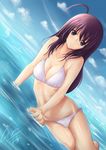  absurdres ahoge arm_support bikini black_eyes dutch_angle evan_yang highres long_hair looking_at_viewer original parted_lips partially_submerged purple_hair shiny shiny_skin solo swimsuit water wet 