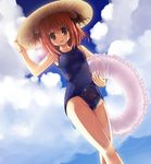  bat_wings hat head_wings highres innertube koakuma lens_flare one-piece_swimsuit red_eyes red_hair school_swimsuit short_hair solo straw_hat swimsuit tilm touhou wings 