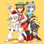  animal_ears bare_shoulders brown_eyes brown_hair cat_ears cat_tail chen detached_sleeves geta grey_hair hat inubashiri_momiji mouse_ears mouse_tail multiple_girls nazrin outstretched_arm outstretched_hand reaching red_eyes riding ruu_(tksymkw) sandals simple_background sitting sitting_on_person tail tengu-geta tokin_hat touhou white_hair wolf_ears wolf_tail 