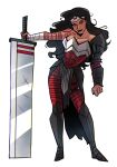  1girl absolute_dc absolute_wonder_woman amazon_warrior arm_wrap armor black_hair dark-skinned_female dark_skin dc_comics highres lifting_object long_hair red_tattoo rozem solo superhero_costume tattoo tattoo_sleeve wonder_woman wonder_woman_(absolute_dc) wonder_woman_(series) 