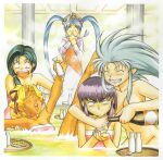  1990s_(style) 5girls @_@ alcohol animal_on_head apron arm_around_shoulder arm_up bathing big_mouth blonde_hair blue_hair blush border bottle carrot_print choko_(cup) closed_eyes completely_nude constricted_pupils cup dark-skinned_female dark_skin food_print green_hair holding holding_bottle holding_ladle indoors kuramitsu_mihoshi ladle long_hair makibi_kiyone masaki_aeka_jurai masaki_sasami_jurai multiple_girls naked_towel non-web_source nude official_art on_head onsen open_mouth partially_submerged pointy_ears purple_hair retro_artstyle ryou-ouki ryouko_(tenchi_muyou!) sake sake_bottle same-sex_bathing shared_bathing steam sweatdrop teeth tenchi_muyou! towel tray twintails upper_teeth_only very_long_hair water white_border 