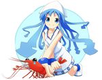  blue_eyes blue_hair bracelet dress hat ikamusume jewelry long_hair naono shinryaku!_ikamusume shrimp solo tears tentacle_hair tentacles 