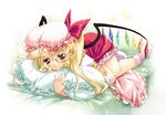 blonde_hair blush bow flandre_scarlet frilled_legwear frilled_pillow frills hat kanna_(plum) long_hair non-web_source pillow pointy_ears ponytail red_eyes revision side_ponytail skirt socks solo touhou wings 