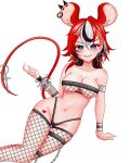  1girl absurdres animal_ears asymmetrical_clothes bare_shoulders black_hair blue_eyes blush breasts commentary darpi_art earrings english_commentary fishnet_bra fishnet_thighhighs fishnets grey_hair hakos_baelz hakos_baelz_(recolor) highres hololive hololive_english jewelry medium_breasts mouse_ears mouse_girl mouse_tail multicolored_hair parted_lips red_hair red_tail sharp_teeth shirt simple_background smile solo streaked_hair tail teeth thighhighs virtual_youtuber white_background 