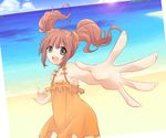  :d bad_id bad_pixiv_id beach brown_hair day foreshortening green_eyes hands haruta_(rump) idolmaster idolmaster_(classic) lens_flare long_hair open_mouth orange_skirt outstretched_arms perspective skirt smile solo spread_arms takatsuki_yayoi twintails 