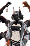  1girl artist_name black_horns breasts cleavage coat commentary_request curled_horns dog_tags extra_arms grey_coat grey_hair hands_in_pockets highres holding_dog_tags horns mask mechanical_arms medium_breasts midriff navel open_clothes open_coat punishing:_gray_raven short_hair simple_background solo type-v upper_body white_background yata_(pgr) 