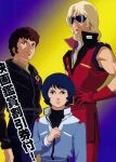  3boys aeug age_difference amuro_ray bare_shoulders blonde_hair blue_hair brown_hair char_aznable commentary_request derivative_work gloves gundam jacket kamille_bidan magazine_scan male_focus military_jacket military_rank_insignia military_uniform mullet multiple_boys official_art onda_naoyuki promotional_art quattro_bajeena red_gloves scan science_fiction size_difference sunglasses turtleneck zeta_gundam zeta_gundam:_a_new_translation 