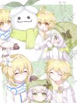  1boy 2girls ^_^ aether_(genshin_impact) beanie black_mittens blonde_hair blush bow brother_and_sister closed_eyes closed_mouth commentary_request flower genshin_impact green_bow green_eyes green_hat green_scarf hair_between_eyes hair_bow hair_flower hair_ornament hat headpat highres long_sleeves lumine_(genshin_impact) mittens moco_(moco_8854) multiple_girls nahida_(genshin_impact) open_mouth pointy_ears scarf short_hair_with_long_locks siblings small_sweatdrop smile snowman star-shaped_pupils star_(symbol) symbol-shaped_pupils white_flower white_hair white_mittens yellow_eyes 