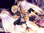  angel_wings blonde_hair blue_eyes boots child-box cloud headphones high_heels lily_(vocaloid) long_hair md5_mismatch microphone microphone_stand midriff navel shoes skirt solo thigh_boots thighhighs very_long_hair vocaloid wings zettai_ryouiki 