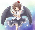  alternate_costume black_wings blouse blue_eyes blush brown_hair frills hat looking_at_viewer necktie shameimaru_aya short_hair skirt sleeveless solo standing tobi_(nekomata_homara) tokin_hat touhou wings 