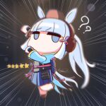  1girl ? ?? alternate_hairstyle animal_ears armor arms_up blunt_bangs breastplate chibi chibi_only commentary cosplay emphasis_lines english_commentary full_body genshin_impact gold_ship_(umamusume) grey_eyes grey_hair highres horse_ears horse_girl horse_tail japanese_armor japanese_clothes kamisato_ayaka kamisato_ayaka_(cosplay) kote kuroij kurokote leg_up looking_at_viewer making-of_available motion_blur no_mouth no_nose ponytail shoes skirt solo standing standing_on_one_leg tail umamusume user_interface 