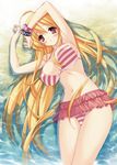  :o armpits bikini blonde_hair blush bracelet breasts cleavage covered_nipples highres jewelry large_breasts long_hair munyuu navel original red_eyes solo striped striped_bikini submerged swimsuit underboob very_long_hair wading water 