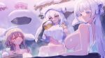  3girls absurdres breasts closed_eyes commentary_request doro_(nikke) goddess_of_victory:_nikke grey_hair highres korean_commentary large_breasts long_hair multiple_girls naked_towel nayuta_(nikke) onsen pioneer_(nikke) scarlet_(nikke) se0m0ng sideboob sidelocks sitting smile snow snow_white_(nikke) star_(symbol) star_in_eye symbol_in_eye towel unusually_open_eyes wet white_hair yellow_eyes 