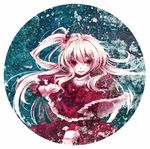  bow capelet circle clenched_hand hair_bobbles hair_ornament long_hair navio red_capelet red_eyes round_image shinki side_ponytail solo touhou very_long_hair white_hair 