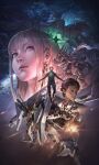  1girl 2boys absurdres alyzeus asteroid axis_(gundam) beam_rifle bobadd char's_counterattack commentary_request earrings earth_(planet) earth_federation energy_gun gigi_andalusia gundam gundam:_hathaway's_flash hathaway_noa highres jewelry kenneth_sleg light_particles mafti_nabiyu_erin mecha mecha_pilot_suit missile mobile_suit mobile_suit_gundam multiple_boys neo_zeon normal_suit_(gundam) nu_gundam penelope_(hathaway's_flash) planet quess_paraya realistic robot sazabi science_fiction v-fin weapon xi_gundam 