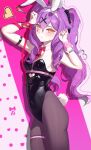  1girl absurdres alternate_costume alternate_hairstyle animal_ears black_pantyhose blush breasts colorful_background commentary_request facial_mark fake_animal_ears fake_tail highres honkai_(series) honkai_impact_3rd long_hair looking_at_viewer necktie pantyhose playboy_bunny purple_hair rabbit_ears rabbit_hole_(vocaloid) rabbit_pose rabbit_tail red_necktie sirin small_breasts solo tail teardrop_facial_mark twintails very_long_hair yellow_eyes you_x0o_47 