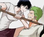 1boy 1girl bandana bandana_around_arm black_bandana blue_hair car_10001 closed_mouth commentary_request earrings face-to-face from_side gold_earrings green_hair highres holding holding_weapon jewelry korean_commentary light_blush looking_at_another multiple_earrings one_piece parted_lips profile roronoa_zoro shimotsuki_kuina shinai shirt short_hair short_sleeves shorts smile sweatdrop sword upper_body weapon white_shirt wooden_sword 
