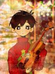  1boy alternate_costume antenna_hair artist_name black_eyes black_hair blurry blurry_background blush bright_pupils christmas_sweater commentary_request double-parted_bangs hair_between_eyes highres holding holding_instrument holding_violin instrument long_sleeves male_focus omori parted_lips red_sweater short_hair solo sunny_(omori) suzuki_jagaimo sweater twitter_username violin white_pupils 