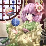  :d bad_id bad_pixiv_id ball blush fan floating floating_ball floating_object flower hair_ornament hieda_no_akyuu japanese_clothes looking_at_viewer mobile nanase_nao open_mouth purple_eyes purple_hair round_window short_hair smile solo temari_ball touhou window 